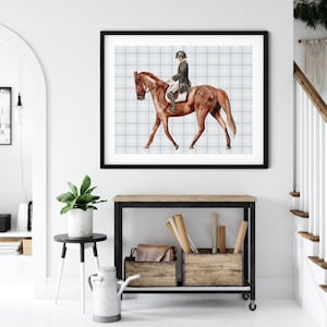 Equestrian Dressage Watercolor Art Print – Brown Race Horse with Soft Blue Plaid Background | Elegant Wall Art | Horse & Whiskey Collection