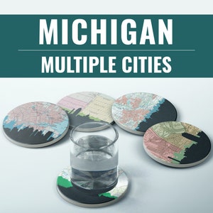 Michigan coasters, Michigan decor, Detroit map gifts, Detroit coasters, Ann Arbor decor, Traverse City Michigan gifts, East Lansing map gift