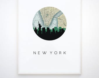 New York Skyline Art | NYC Map Print & Statue of Liberty Decor | Urban Wall Art | New York City Skyline Artwork