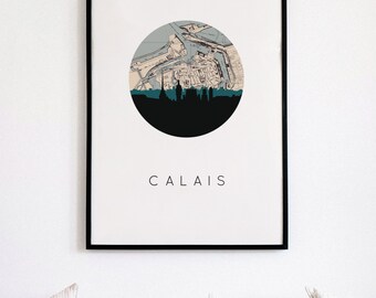 Skylineposter Calais-Frankrijk, stadskaartkunst, reisafdruk
