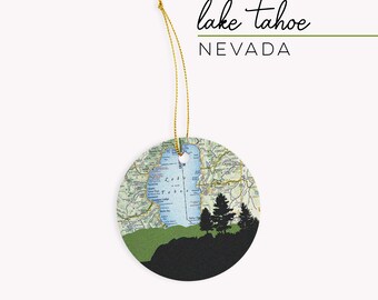 Lake Tahoe Christmas ornament, Lake Tahoe gift, Lake Tahoe souvenir, Lake Tahoe map, Lake Tahoe CA, Lake Tahoe NV, map gift,ceramic ornament