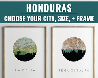 Honduras Travel Poster: La Ceiba & Tegucigalpa Map Art Print