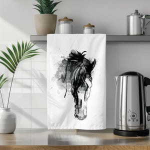 Equine Face Tea Towel: Black and White Horse Design, 100% Cotton