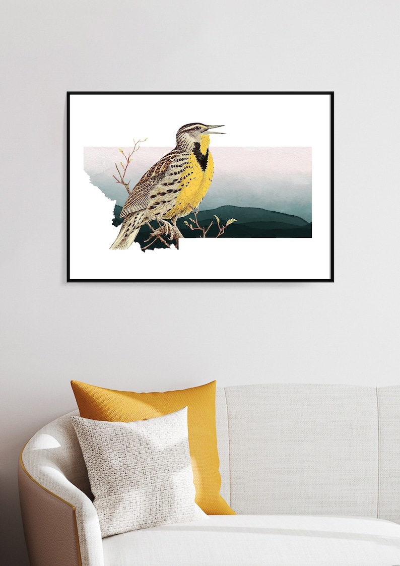 Montana state bird wall art, Montana Meadowlark art print, bird home decor, unique bird print, Montana home decor, western home decor image 1