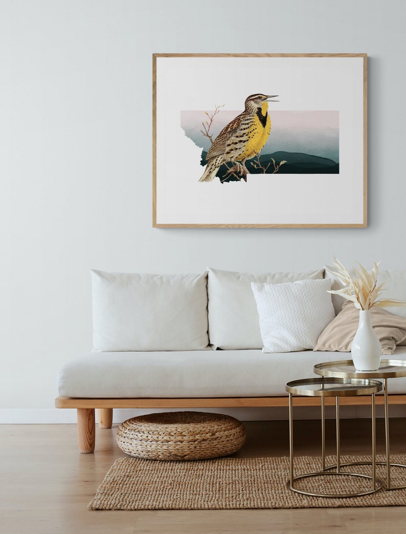 Montana state bird wall art, Montana Meadowlark art print, bird home decor, unique bird print, Montana home decor, western home decor image 5