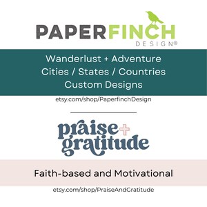 Two brand logo banners stacked vertically with shop names and website URLs, the top one reading Paperfinch Design with a green bird, and the bottom one reading Praise and Gratitude.