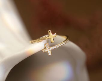 Dainty Diamond Cross Ring, 925 Sterling Silver Adjustable Cross Ring, Handmade Cross Ring, Religious Gifts, Gift for Her, Mother's Day Gift