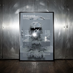 May include: A framed poster featuring the Gunna album DS4EVER. The artwork displays a monochromatic, icy-textured portrait of the artist wearing dark sunglasses and a chain. The tracklist, album title, and artist name are printed in white text.