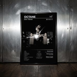 May include: A black and white framed poster featuring the album Octane by Don Toliver. The design includes a central photograph of a person, a tracklist of eighteen songs, the record label, release date, and a Spotify code in the upper right.