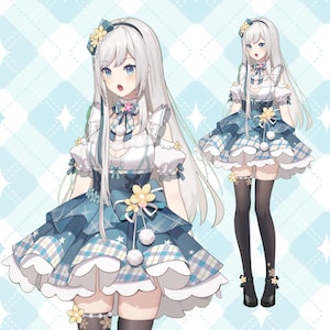 以下が含まれることがあります： 青と白のドレスを着たアニメスタイルのキャラクター。チェック柄のスカート、黄色の花のアクセント、お揃いのリボンで飾られています。キャラクターは長い銀髪、青い目を持ち、黒いタイツと靴を履いています。背景は水色のパターンです。