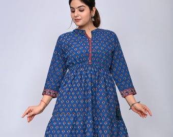 Blue Floral Print Kurti Dress Set - Ethnic Women's Wear - Top and Pant