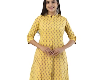 Yellow Diamond Print Kurti with Mandarin Collar – Elegant Ethnic Wear for Women - Top Only