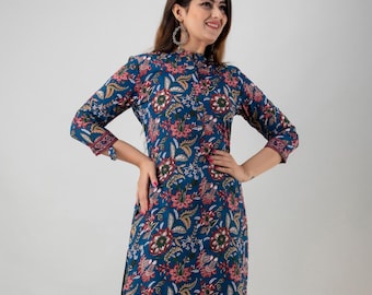 Blue Floral Printed Cotton Kurti Top with High Collar - Top Only