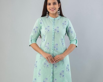 Light Green Floral Kurti Set with Mandarin Collar – Elegant Ethnic Wear - Top and Bottom