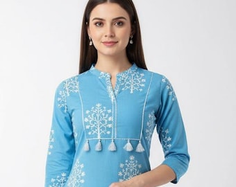 Light Blue Cotton Kurti Top with Front Tassels & Waist Tie – Printed Ethnic Wear