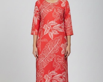 Red Floral Cotton Kurta Set | Wide Leg Trousers, Botanical Print Tunic