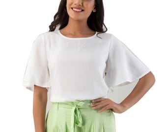 Mint Green Cotton-Rayon Wide Leg Trousers & Flutter Sleeve Top Set