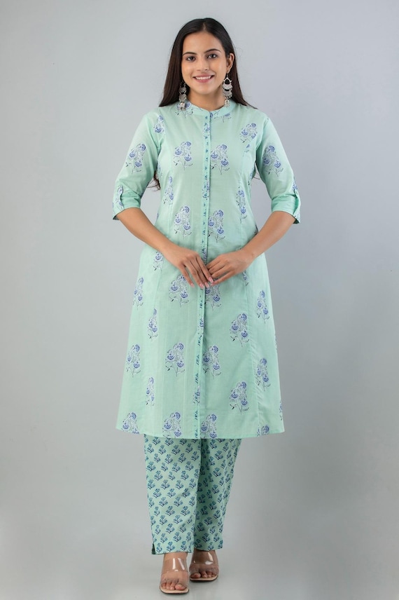 Light Green Floral Kurti Set with Mandarin Collar – Elegant Ethnic Wear - Top and Bottom