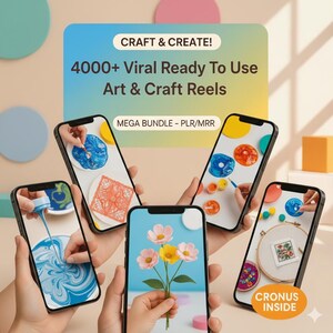 Könnte beinhalten: Ein Bild mit mehreren Smartphones, die Kunst- und Bastelprojekte anzeigen. Die Telefone werden von Händen gehalten, wobei die Bildschirme verschiedene kreative Aktivitäten zeigen. Der Text auf dem Bild lautet "CRAFT & CREATE!" und "4000+ Viral Ready To Use Art & Craft Reels."