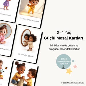Puede incluir: Un conjunto de tarjetas ilustradas para niños de 2 a 4 años, con imágenes de dibujos animados de niños diversos. Las tarjetas tienen texto en turco y están diseñadas para promover la autoestima y la conciencia emocional. Las tarjetas están sobre un fondo blanco.