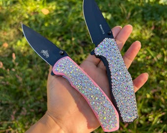 Coltellino tascabile decorato a mano con strass - Coltello pieghevole scintillante, nero e rosa, regalo di Natale, per lei