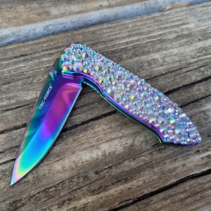Rainbow Tac-Force Folding Knife: Rhinestone Handle, Iridescent Blade - Sparkly Gift, Handmade
