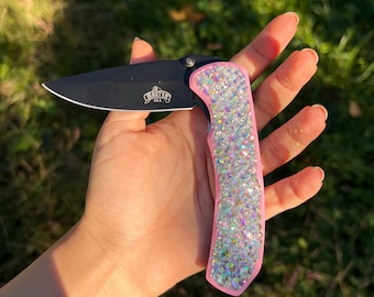 Coltellino tascabile fatto a mano con strass rosa: coltello pieghevole scintillante, regalo di Natale,
