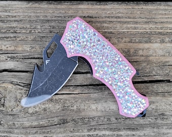 Coltellino tascabile FLISSA con strass rosa fatto a mano: coltello pieghevole scintillante, regalo di Natale, lama stonewash