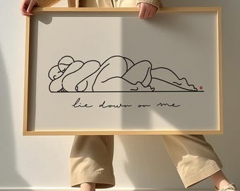 Couple Cuddle Line Art Print: Minimalist Black and White Figure Drawing (Digital Download)