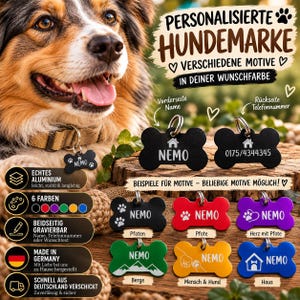 Könnte beinhalten: Knochenförmige Hundemarken in Schwarz, Rot, Lila, Grün, Gelb und Blau. Jede Marke ist mit einem Namen und Motiv graviert, mit Platz für eine Telefonnummer auf der Rückseite. Die Marken bestehen aus Aluminium und haben einen Ring zur Befestigung.