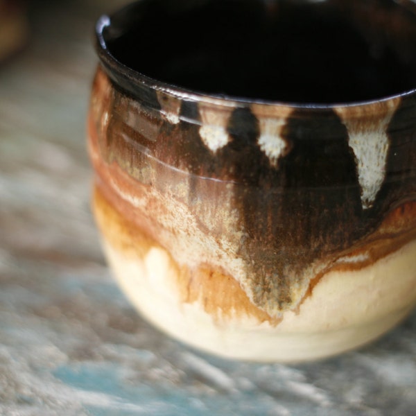 burnt umber shino pottery tall bowl cup