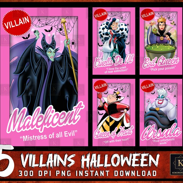 Set 5 Villains Halloween Card Png Bundle, Halloween Cartoon Card Png Bundle, Sublimation Instant Download