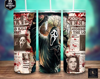 Horror Newspaper Tumbler 20oz Wrap Png Sublimation Digital Download, Halloween Movie Tumbler Straight/Tapered Png, Horror Clipart Wrap Png