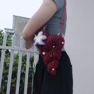 Burgundy Crochet Conch Bag, 3D Spiral Shell Purse, Starfish Charm Summer Accessory