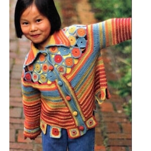 May include: A colorful crocheted jacket with a striped pattern and a circular design on the front. The jacket has a button closure and is made with a variety of bright colors, including red, orange, yellow, blue, and green.