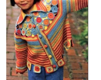 Vintage Crochet Pattern Girls Colorful Ornate Yoyo Circle Motif Sweater Jacket PDF Instant Digital Download