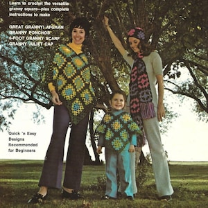 Vintage Crochet Pattern Gaggle Of Grannies Leaflet Book Granny Square Afghan Blanket, Scarf, Poncho Juliet Cap PDF Instant Digital Download