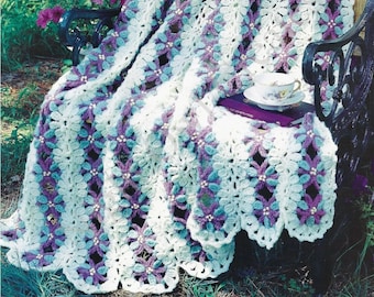 Mile a Minute Vintage Crochet Pattern Fancy Flowers Throw Afghan Floral Blanket PDF Instant Digital Download 47" X 63"