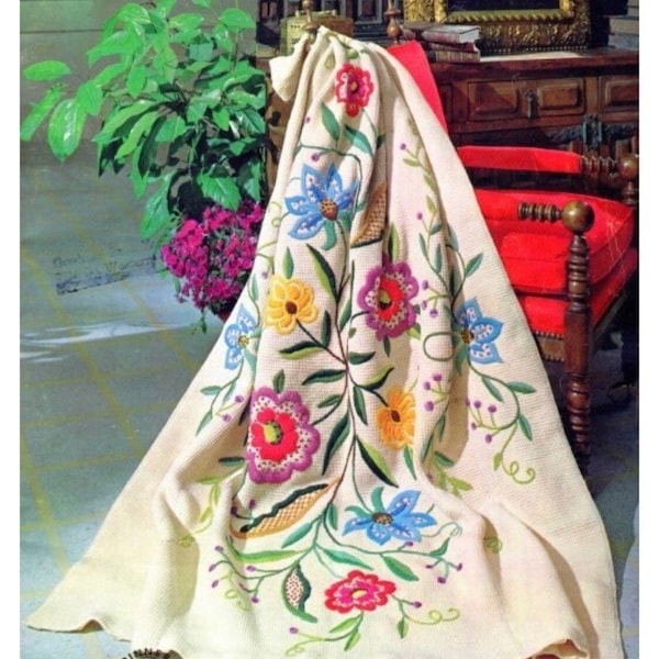 Vintage Crochet Pattern Afghan Tunisian Stitch Blanket Floral Flowers Vines Embroidered Design PDF Instant Digital Download