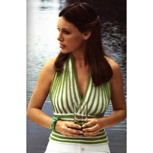 Vintage Knitting Pattern Green Stripe Halter Top Spring Knit Sleeveless Sweater PDF Instant Digital Download