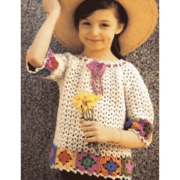 Vintage Crochet Pattern Girls Childs Pullover Granny Square Top Sweater PDF INSTANT Digital DOWNLOAD