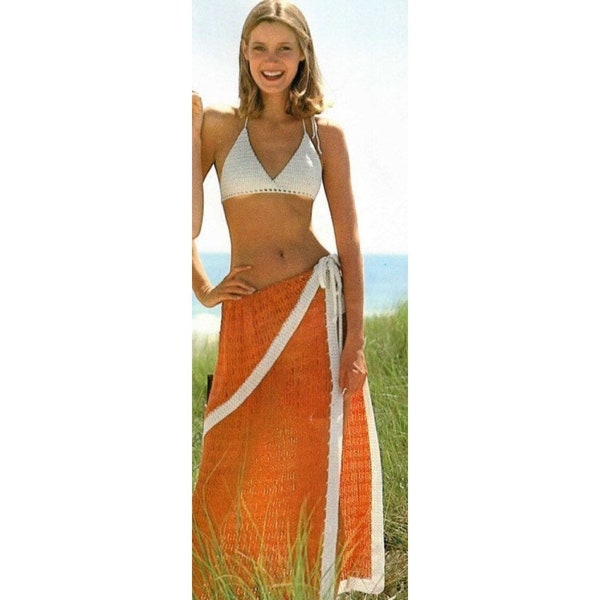 Sarong vintage au crochet, jupe longue de plage, couverture de piscine PDF, téléchargement numérique instantané, couverture de maillot de bain de plage