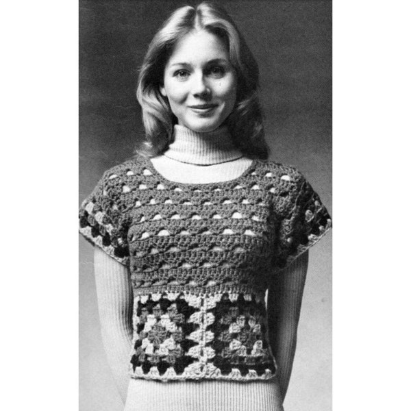 Vintage Crochet Pattern 70’s Shrink Sweater Top Granny Square Cap Sleeve Pop Top PDF Instant Digital DOWNLOAD