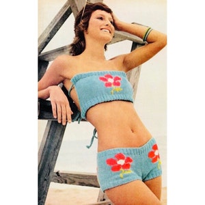 Vintage Swimsuit Knitting Pattern Flower Strapless Bikini Bathing Suit Boy Shorts PDF Instant Digital Download