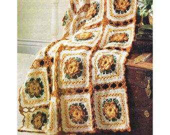 Vintage Crochet Pattern Autumn Flowers Lacy Granny Square Afghan Throw Motif Blanket PDF Instant Digital Download