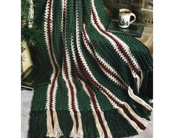 Vintage Christmas Afghan Crochet Pattern Hearthside Stripes Throw Blanket PDF Instant Digital DOWNLOAD Holiday Green Red White