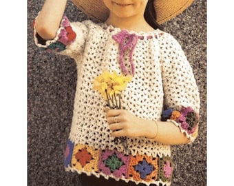Vintage Crochet Pattern Girls Childs Pullover Granny Square Top Sweater PDF INSTANT Digital DOWNLOAD