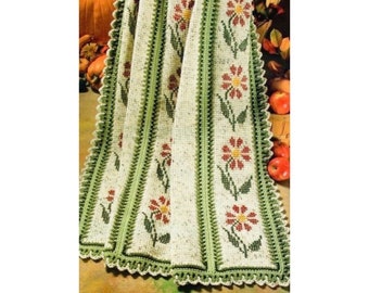 Vintage Tunisian Crochet Autumn Throw Pattern Floral Embroidery Afghan Blanket PDF Instant Digital Download Lacy Edging