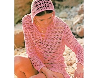Vintage Crochet Pattern Hoodie Open Knit Beach Cover Up Mesh Lace Tunic Top PDF Instant Digital Download