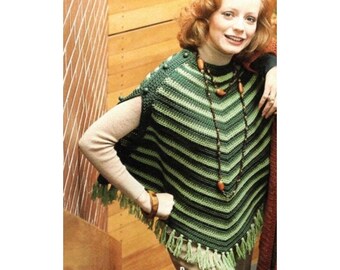 Vintage Crochet Pattern Striped Poncho Sweater Shoulder Button Details Pullover PDF Instant Digital Download
